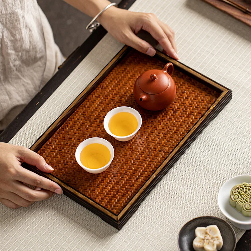 Retro Zen bamboo refreshment tray bamboo woven mat serving tea tray rectangular storage plate