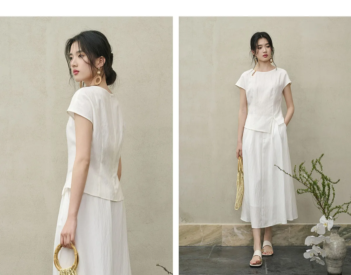SENTUBILA Damen Sommer Weiße Bluse 2026 Elegante Modische Lyocell-Mischung mit Hohlen Perlen und Schnalle Kurzarm-Oberteil 162VG6426 – Detail 28