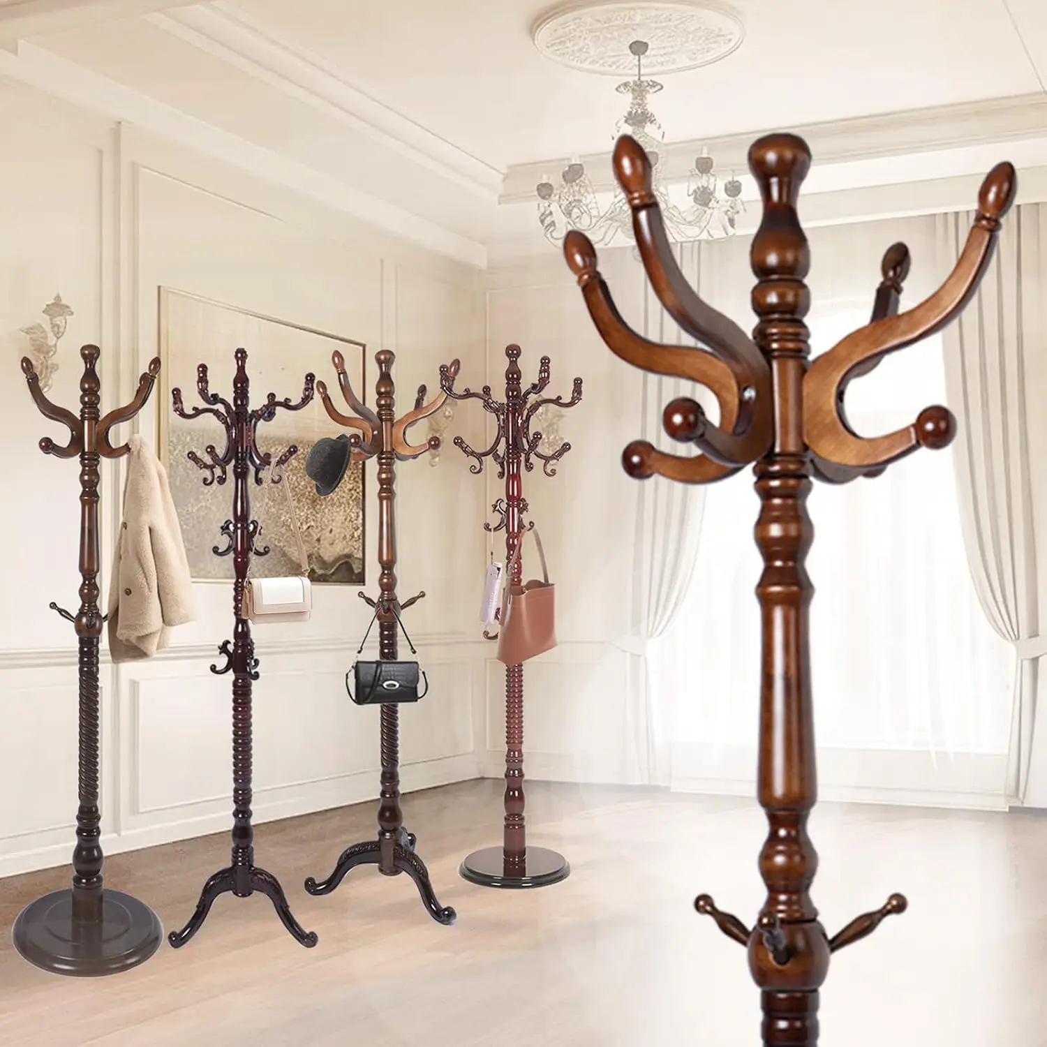 Wooden Coat Rack Stand 3 Height Options 14 Hooks Birch Tree for Clothes Jacket Hat Bag Entryway, Customized