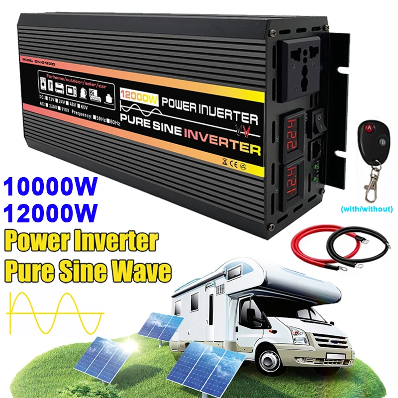 DC 12V/24V To AC 220V Pure Sine Wave Power Inverter 10000W/12000W Intelligent Digital Display Voltage Transformer