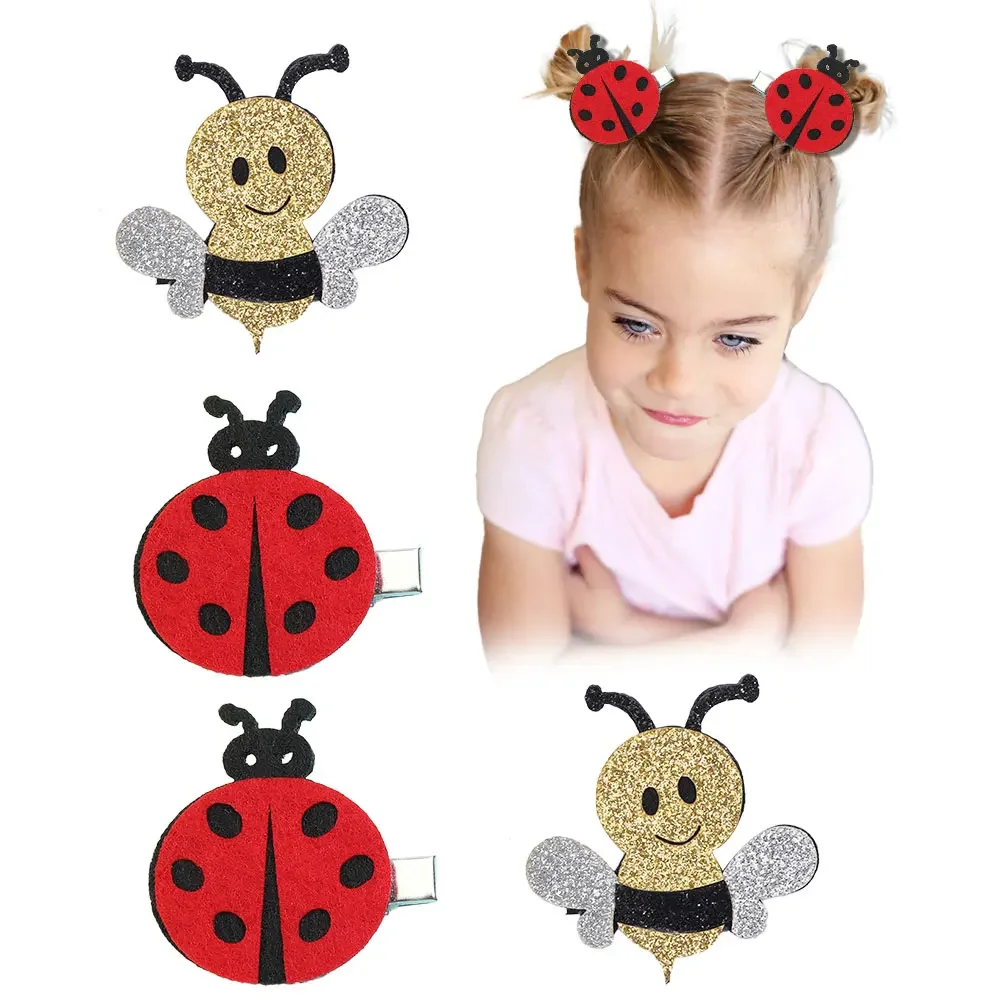 ncmama 2Pcs/set Cute Bee Ladybug Hair Clip For Baby Girls Glitter Butterfly Hair Pin Barrettes Kids Headwear Hair Accessories