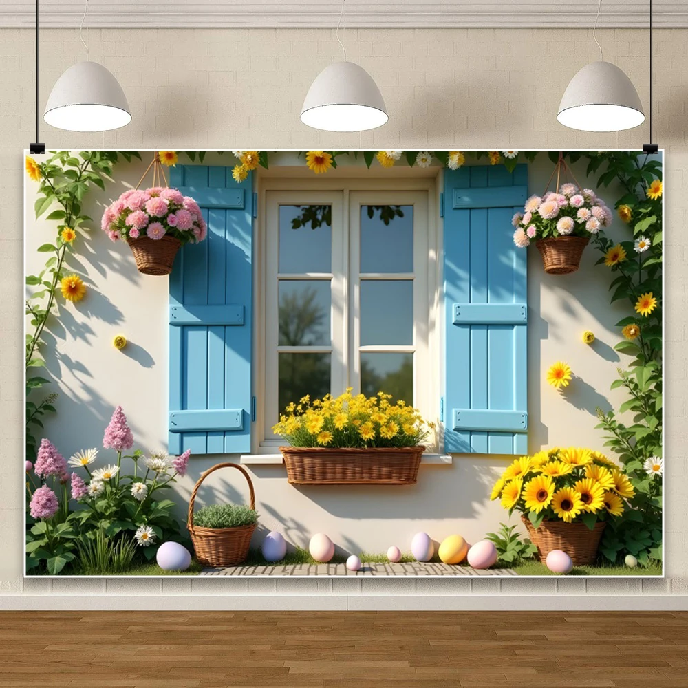 Fondo fotográfico de primavera con huevos de colores para estudio fotográfico, telón de fondo con ventana, pared de flores, arcos de jardín, pradera, vid