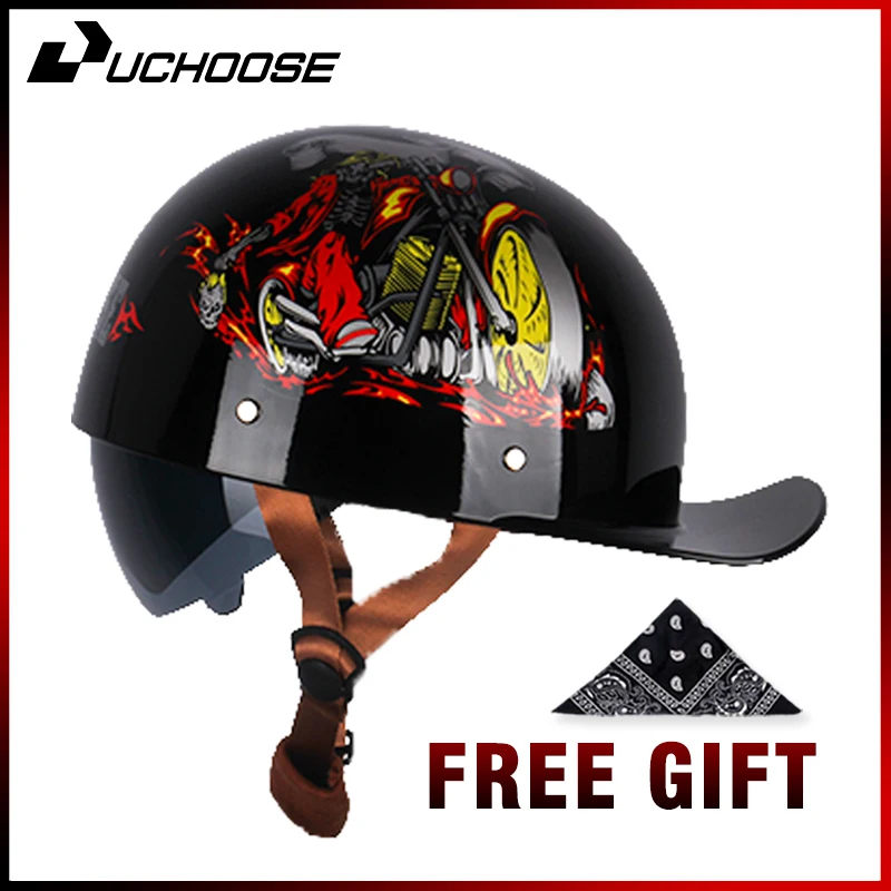 Uchoose Summer Motorcycle Casque DS Baseball Cap Helmet Retro Helmets Vintage Open Face Scooter Cruiser Chopper Gangster