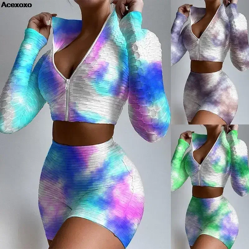 

2023 new style tie dye printed fashion casual sports top long sleeve shorts two-piece set