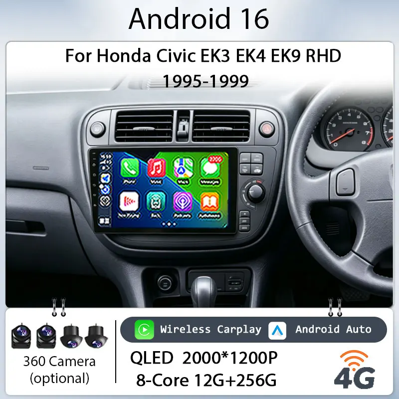 9" Android 16 for Honda Civic EK3 EK4 EK9 RHD 1995‑1999 Car Stereo IPS HD Touch Screen Wireless CarPlay GPS Navi 4G DSP Player