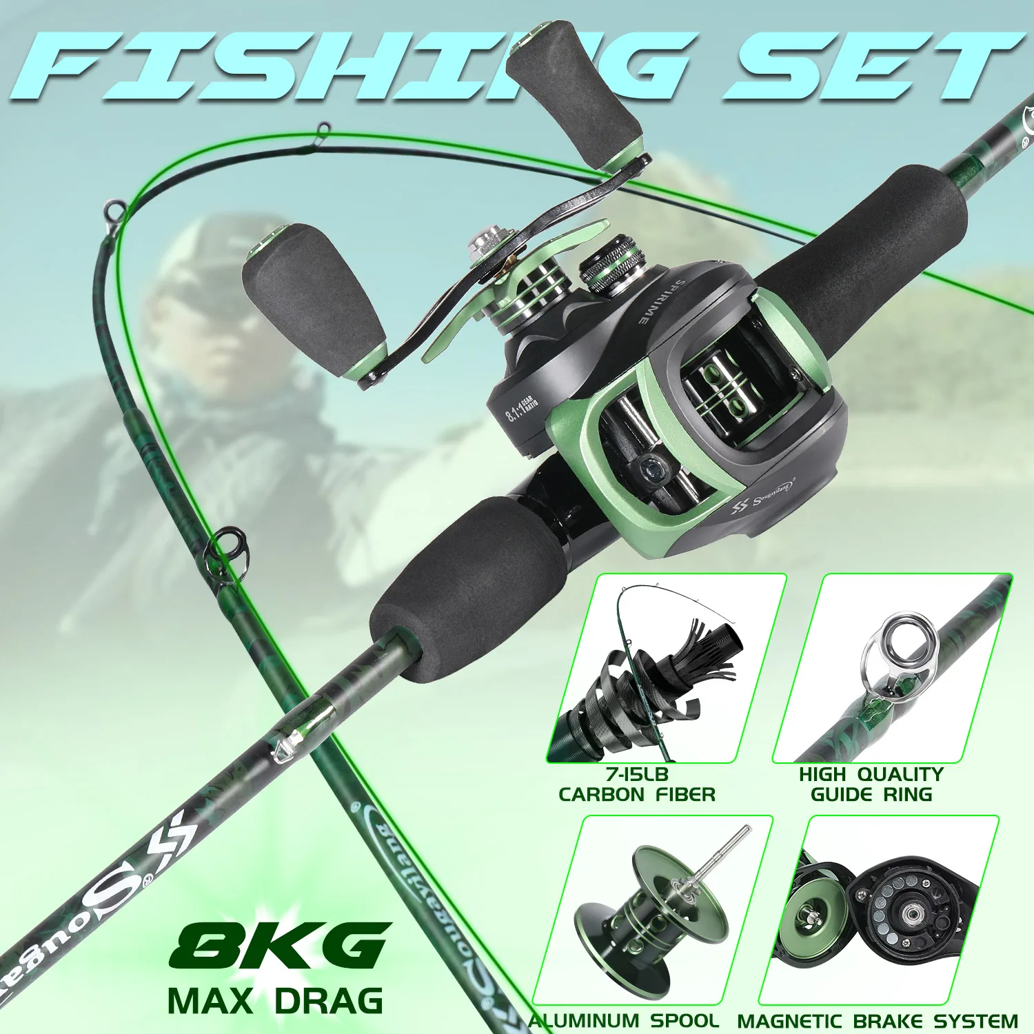 

Удочка Sougayilang 2-секционная и катушка для заброса, комплект 1.68м/1.8м, карбоновое удилище, максимальная нагрузка 8 кг, для ловли баса