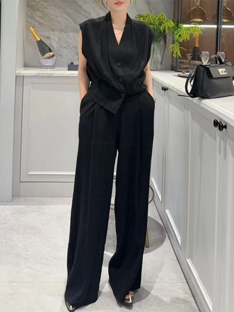

Elegant Summer Women's Two-Piece Set Casual Wide Leg Pants Sleeveless Vest Top Single Button Design Fashionable Cotton Blend