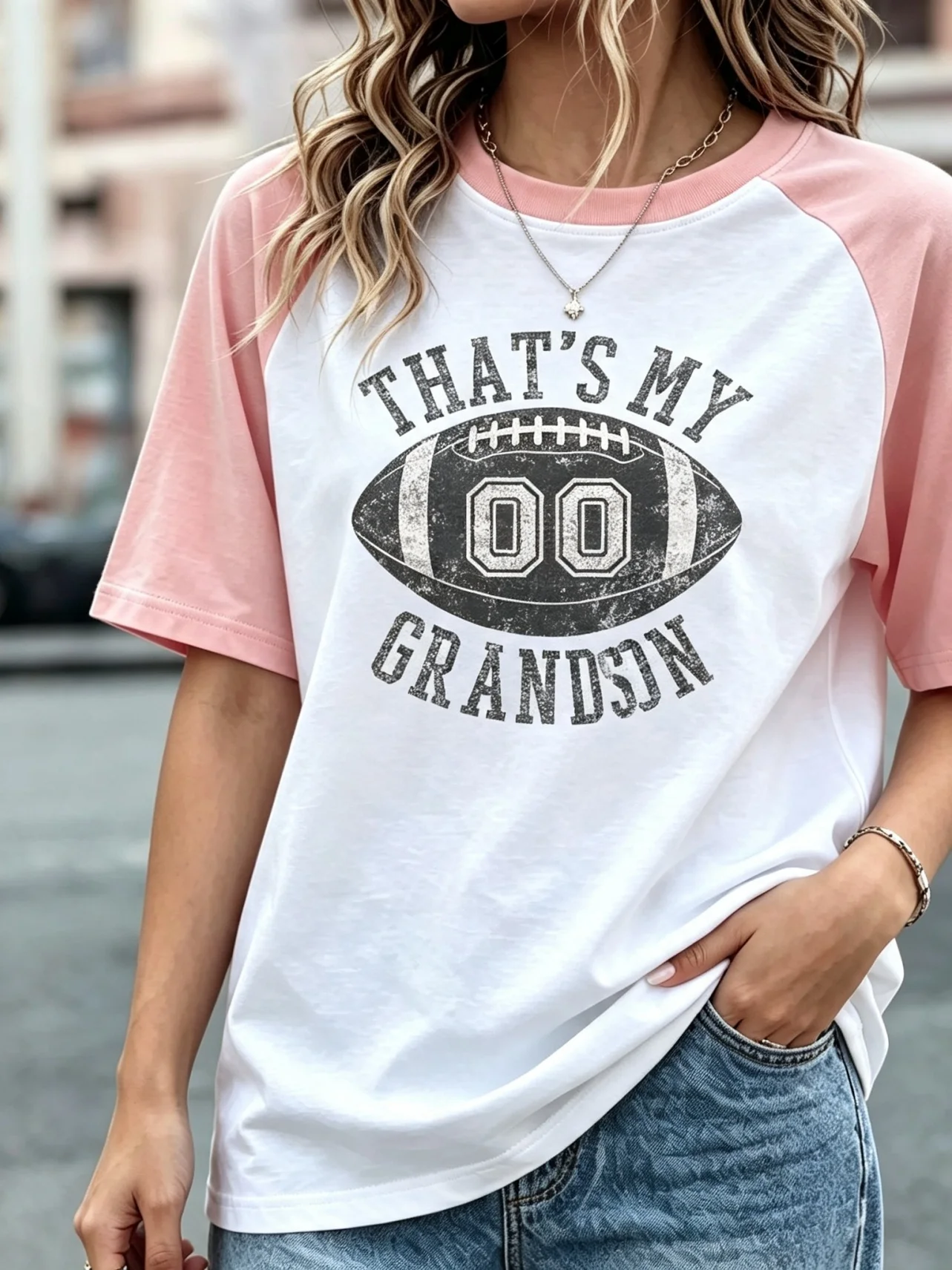 That's My Grandson Vintage Football 00 Number Graphic Raglan T‑Shirt, Women Color Block Short Sleeve Game Day Baseball Tee