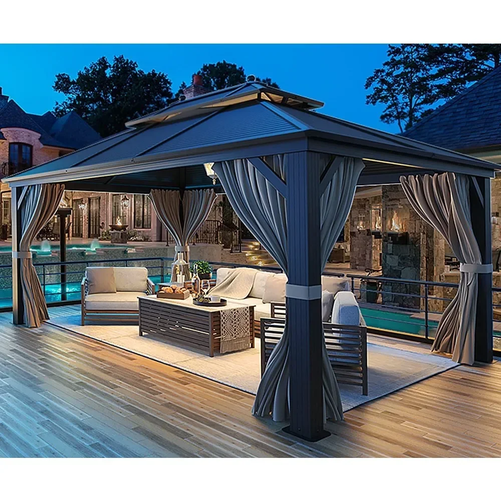 

Hardtop Gazebo Galvanized Steel Outdoor Gazebo Canopy Double Roof Pergolas Aluminum Frame with Netting and Curtains