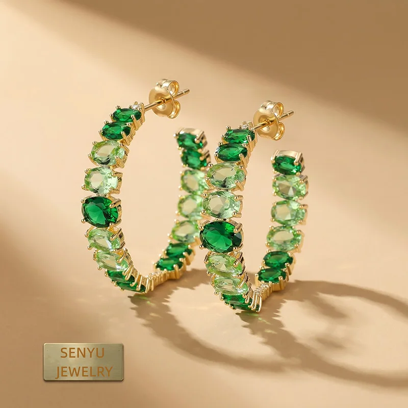 

Luxury Oval Cut Cubic Zirconia C-Hoop Earrings Gold Plated Large Open Half Hoops 36mm Sparkling Crystal Wedding Party Jewelry