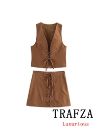 TRAFZA Vintage Chic Women Solid Suit Bow V-Neck Sleeveless Slim Tops Lace-up Short Skirt New Fashion 2024 Summer Holiday Sets