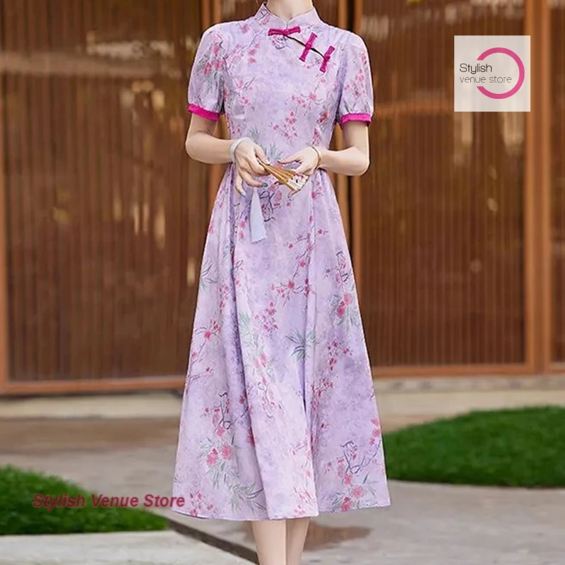 

New Chinese printing long dress women's summer new fashion temperament plus size loose casual covered meat cheongsam skirt