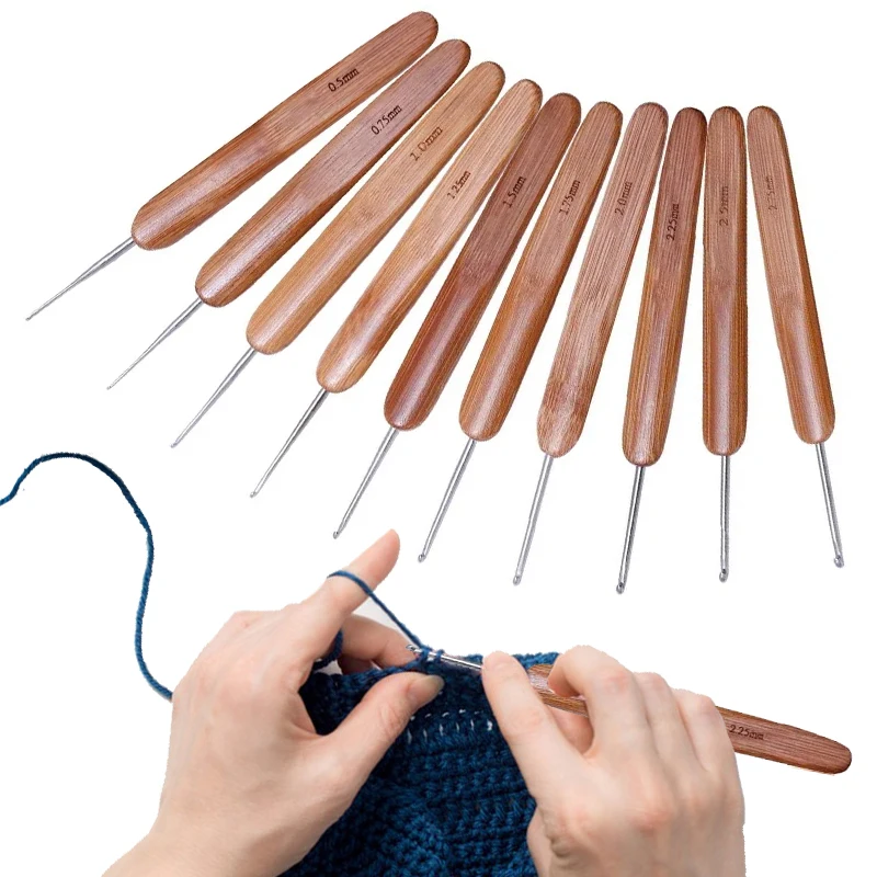 MIUSIE 10pcs Bamboo Handle Craft Needle Home Use Crochet Hooks Set Portable Sweater Knitting Multi Size Ergonomic Sewing Tools