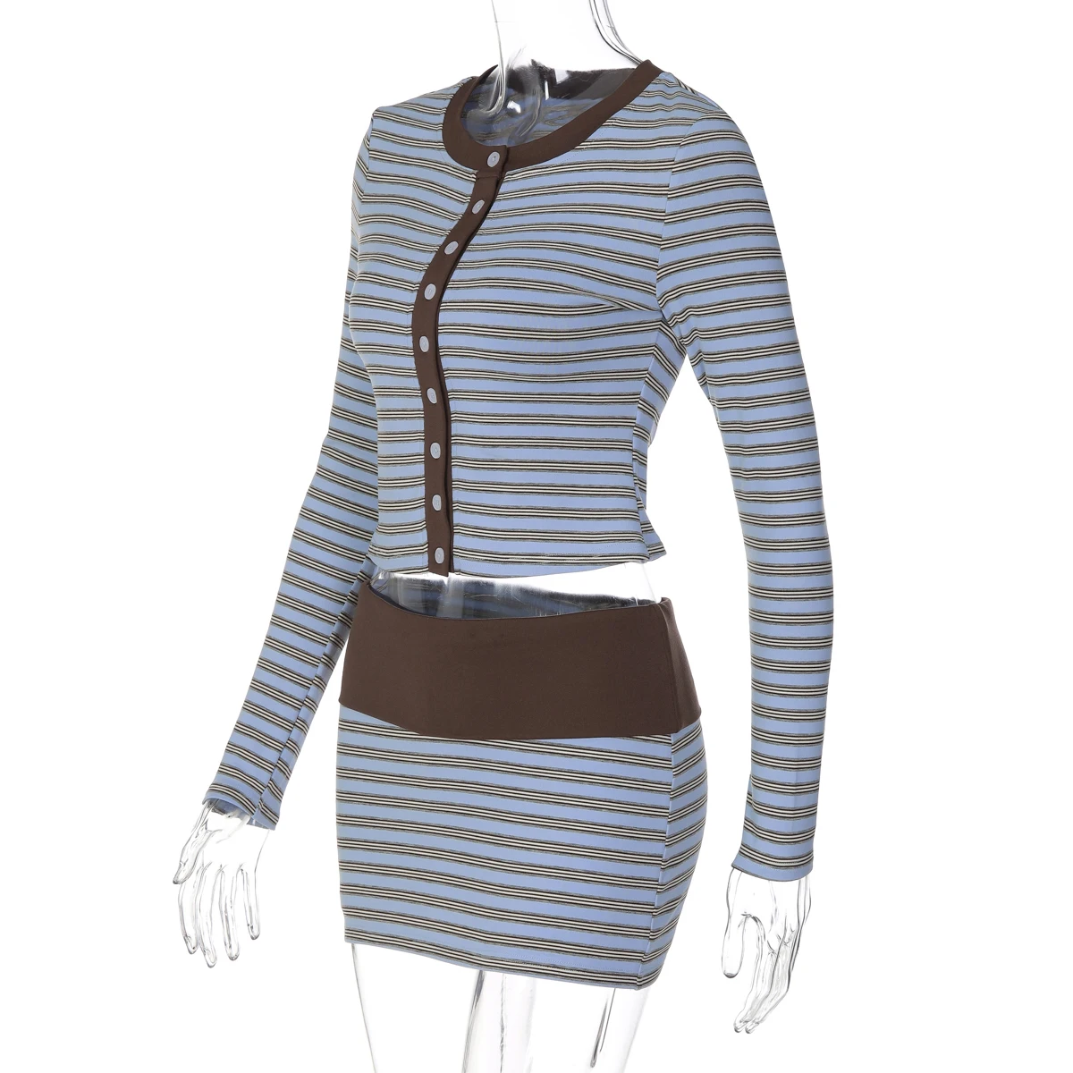 Hugcitar Modisches Gestreiftes 2-Teiliges Set Langarm-Knopfleiste Sexy Crop-T-Shirt Patchwork-Rock Damen-Outfit Streetwear Party – Detail 3