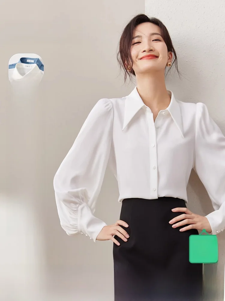 

Элегантная женская рубашка 2026 с воротником-стойкой, художественный дизайн, для молодых женщин, мягкая, легкая, с шелковистой текстурой, тканая, из полиэстера