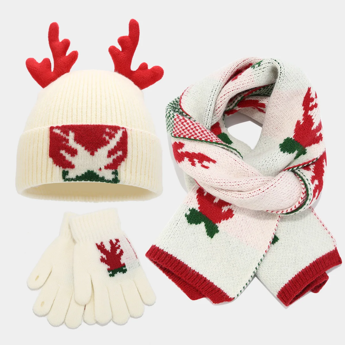 Christmas Cold Hat Scarf Gloves Three-piece Elk cute antler Jacquard Fall and Winter Warm Knitting Set