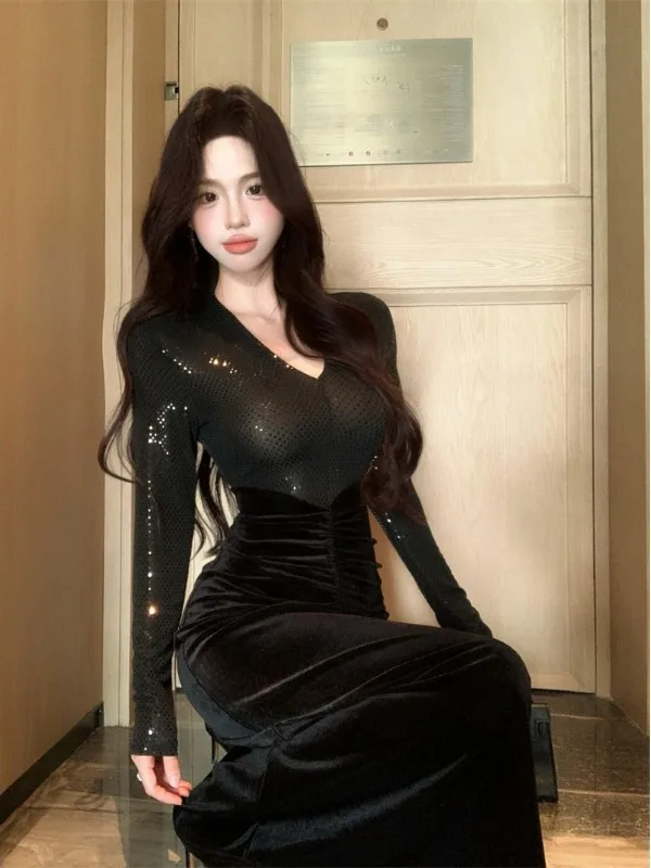 Velluto con paillettes Patchwork V-Ne Lungo Sve Donna Dr Autunno Inverno Vita alta Aderente Dr Ele Gonna aderente