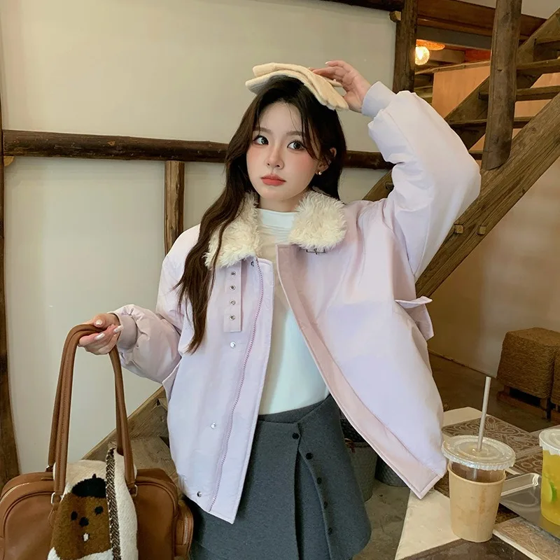 2026 Warm New Short Padded Coat Women Shearling Collar Oversize Thick Insulated Lightweight Outerwear Cozy Casual Trendy Winter