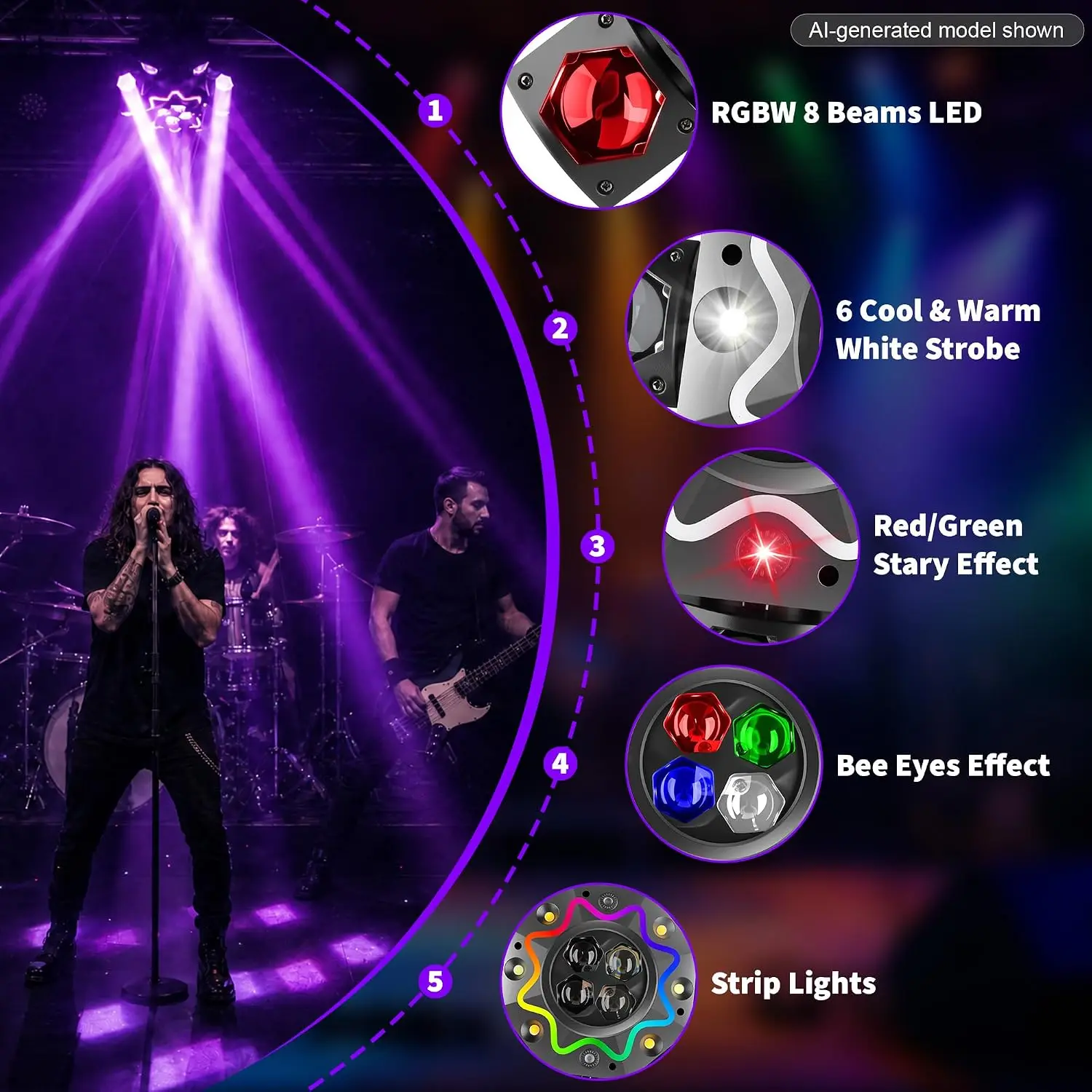 200W Disco Party Lights 8 Arm Moving Head DJ Lights RGBW LED DMX512 Sound Activated Beam Stage Light for Events Wedding Club view 6
