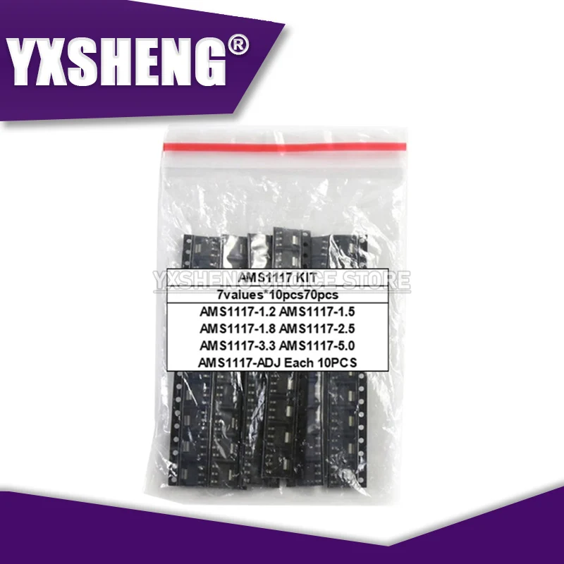 70PCS/LOT AMS1117 3.3V Voltage Regulator Kit 1.2V/1.5V/1.8V/2.5V/3.3V/5.0V/ADJ 1117 7 Values Each 10PCS Pack