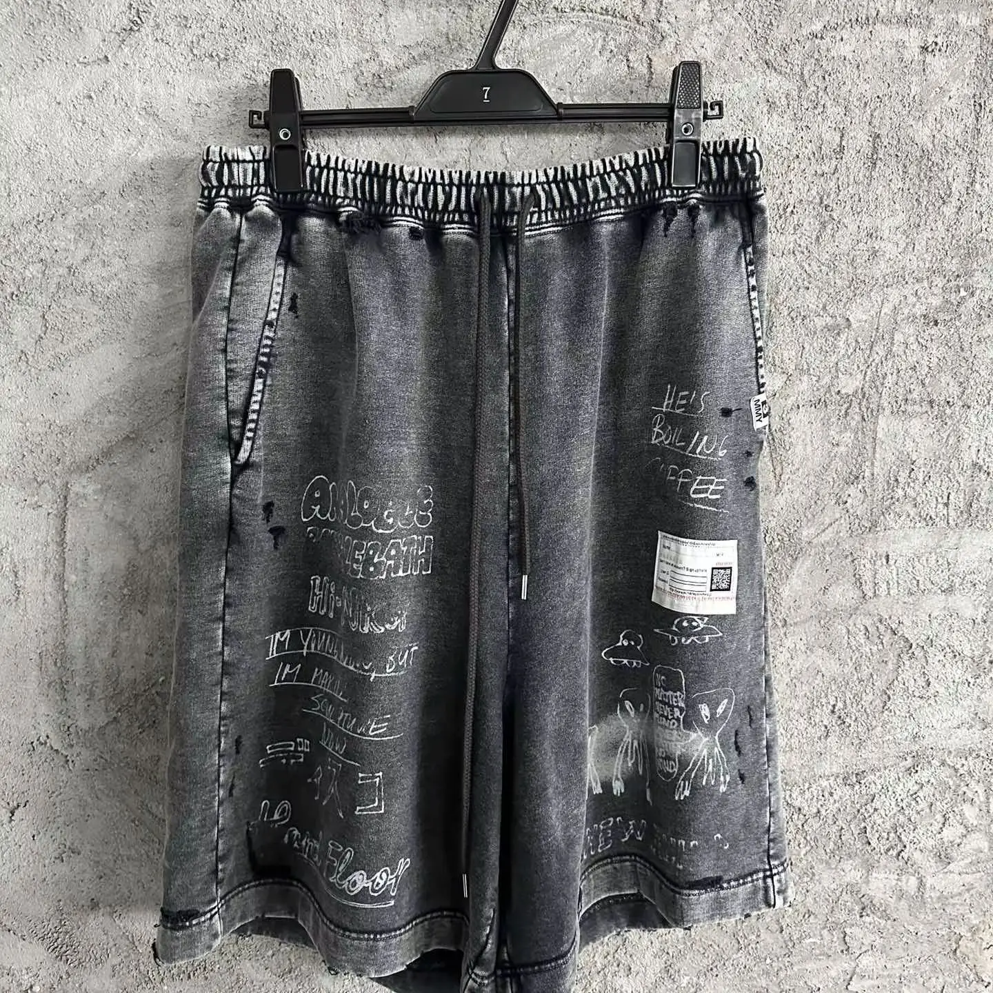 Vintage Washed Distressed Sweat Shorts Men Women Unisex American Streetwear Graffiti White Ink Digital Print Drawstring Elastic