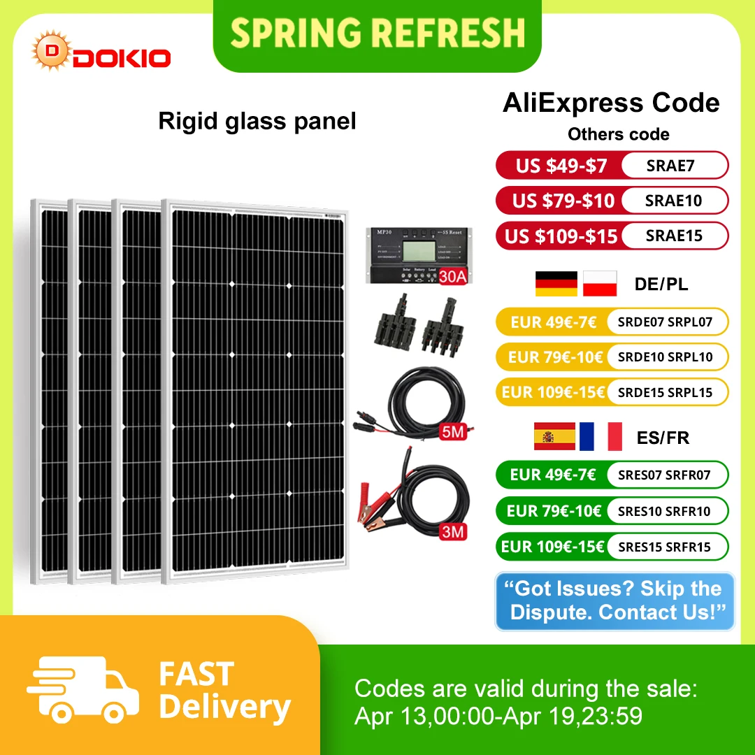 Panel solar rígido Dokio de 18V 100W 200W 400W, nuevo, impermeable, con controlador para cargar baterías de coche de 12V en casa, monocristalino, de China.