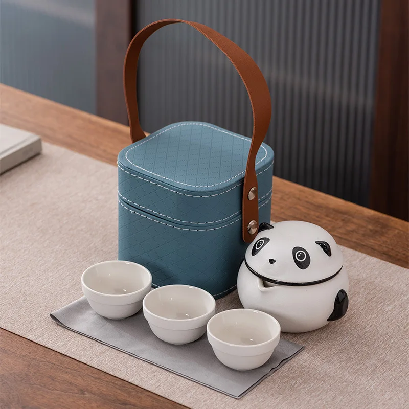 

Cute Panda Kung Fu Tea set Quick Travel portable ceramic Outdoor three cup tea set