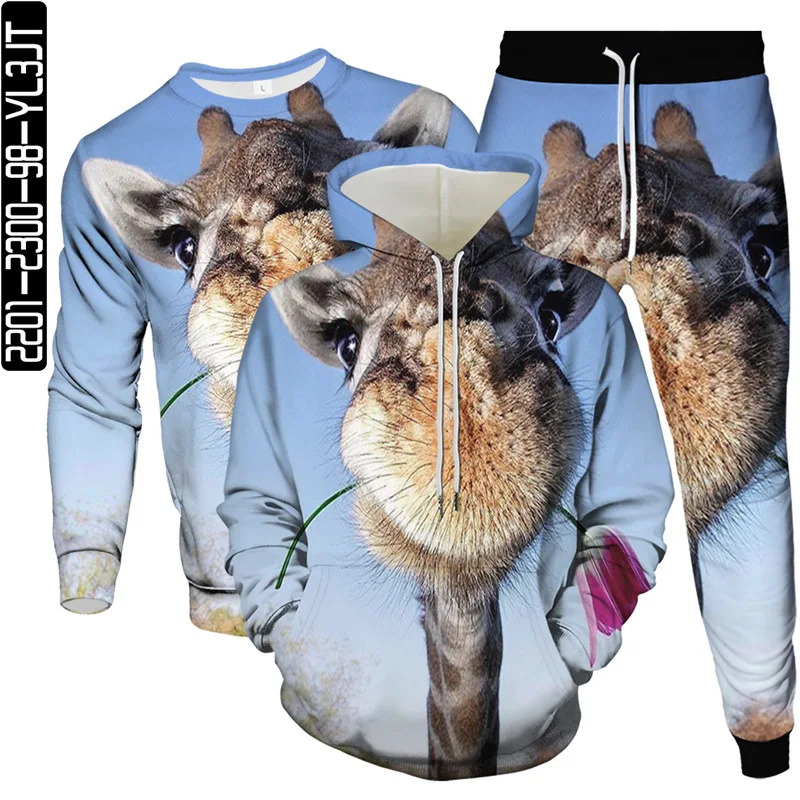 

Men Large Size 4XL 5XL 6XL Clothes Set 3 Piece Hoodies Sweatshirt Pants Suit Animal Deer Elk Giraffe Print Male Casual Tracksuit