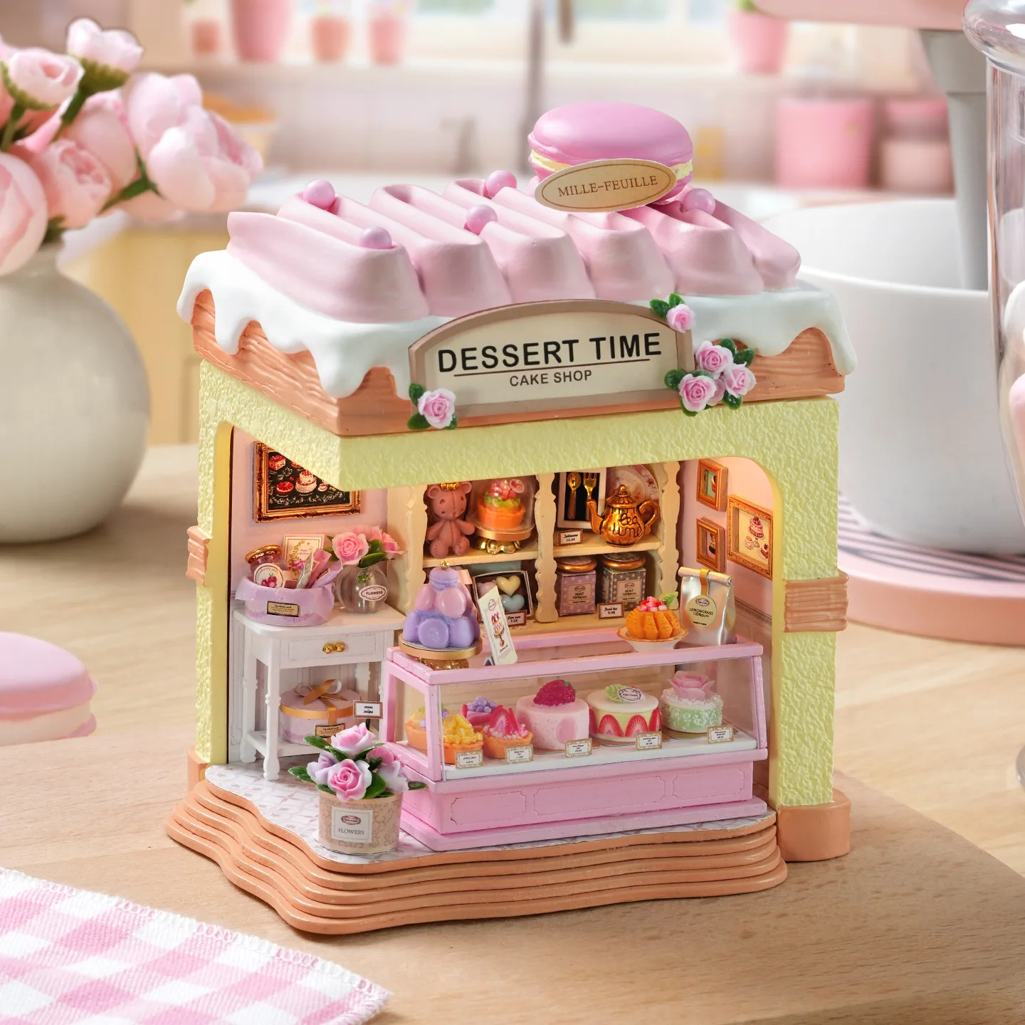 

Dessert Time Diy Miniature Dollhouse Cake Shop Strawberry Mille Feuille Shaped 3D Handmade Assembly Model Home Decor For you