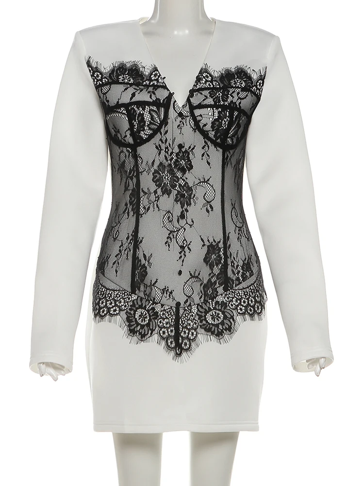 Seltsame Puss Sexy Jacquard Kleid Frauen Spitze Patchwork V-ausschnitt Taste Zip Elegante Büro Pendeln Einfache Stretch Dünne Anzug Bodycon