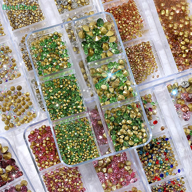 Strass pour Nail Art à fond pointu mixte, 6 grilles, pierres précieuses brillantes en cristal coloré 3D, adaptées au bricolage, fournitures de décoration pour Nail Art