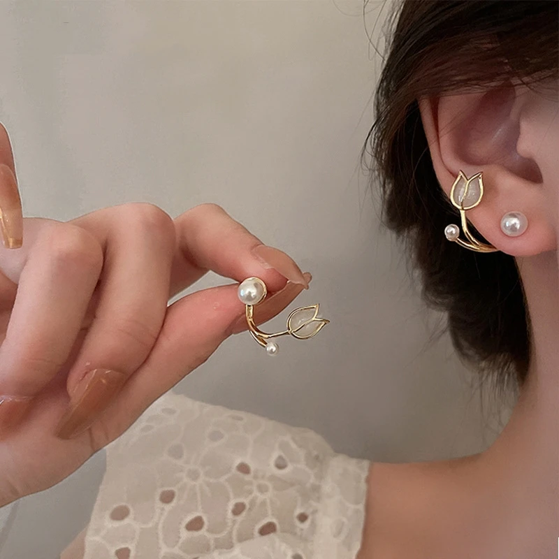 Imitation Pearl Crystal Opal Tulip Flower Curved Back Hang Post Stud Earrings Two in One Brincos Wedding Jewelry Birthday Gift