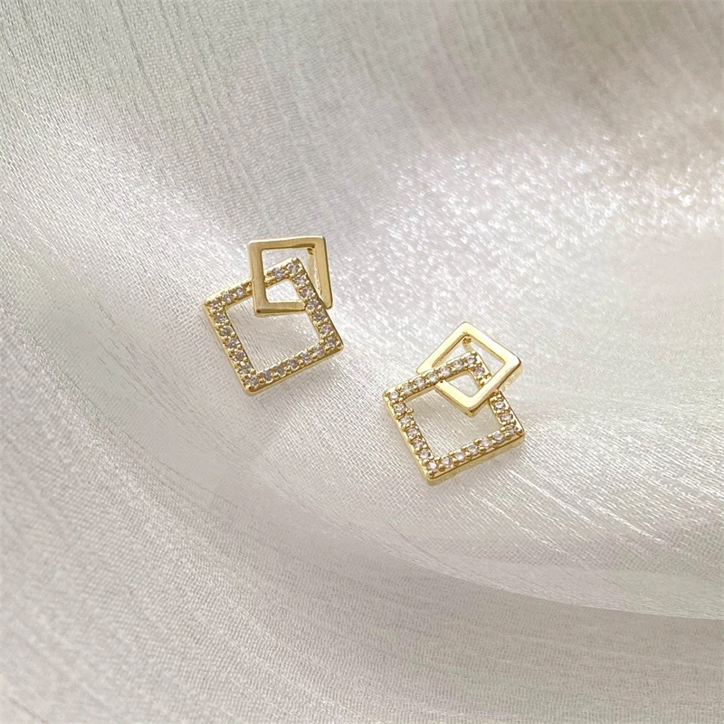 Double-layers Square Stud Earrings for Women Crystal Gold Color Metal Geometric Hollow Rhombus Small Unusual Earrings brincos