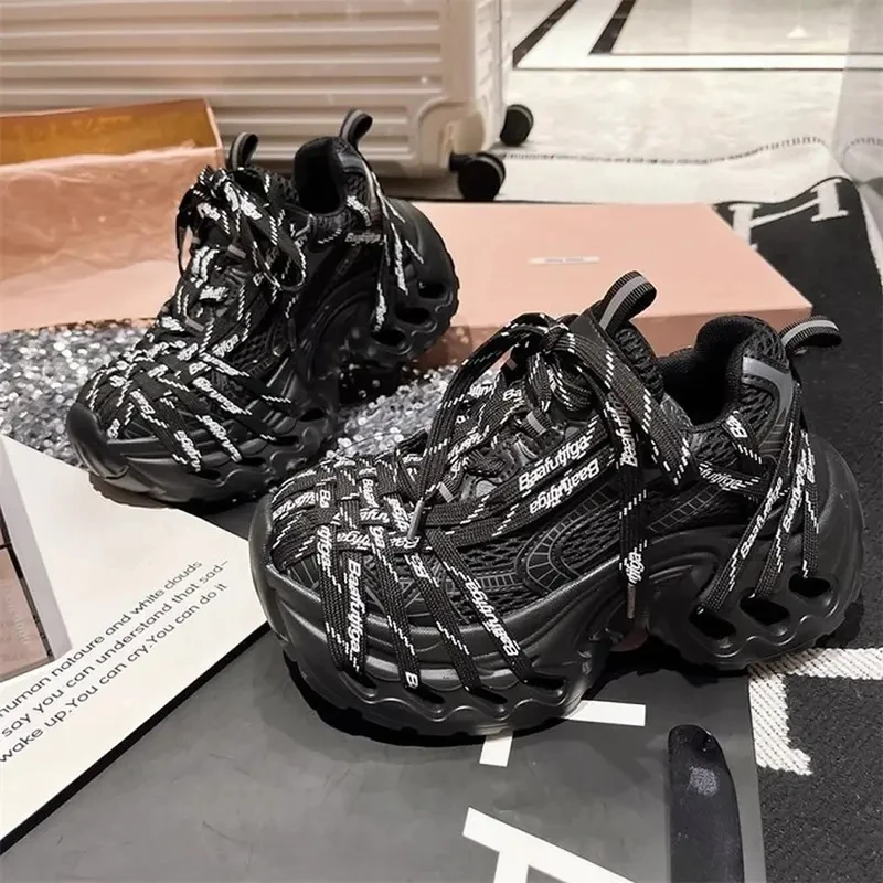 2026 Women Chunky Sneakers Thick Soled Trendy Special Design Outdoor High Hallow Heels Daily Wear Fashion Designer Shoes