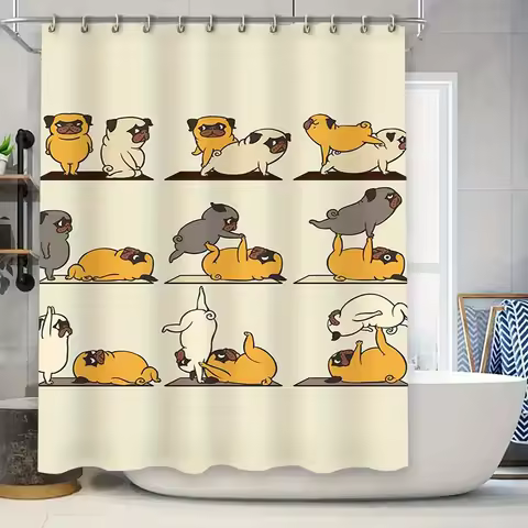 Adorable Pug Yoga Shower Curtain Funny Bathroom Decor for Dog Lovers