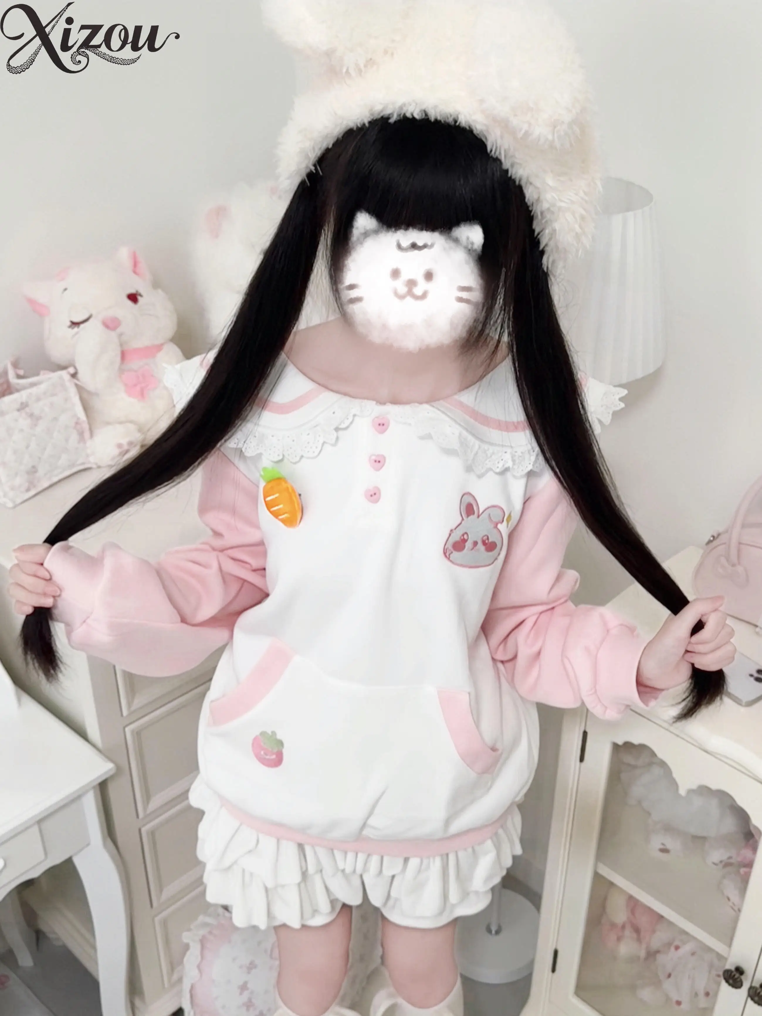 

Kawaii Women Hoodie Sailor Collar Cartoon Bunny Strawberry Pink White Y2K Loose Soft Girl Sweatshirt Autumn Winter Japanese