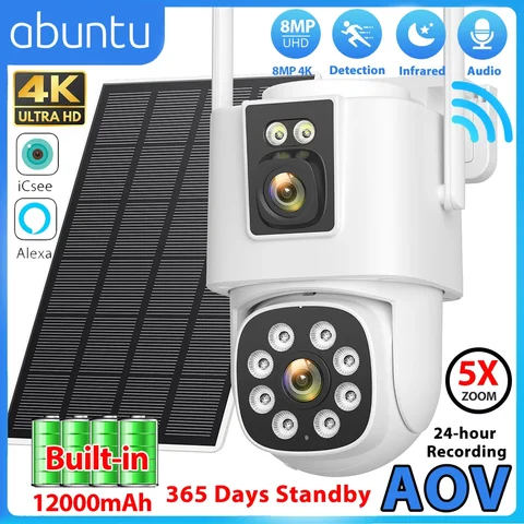 8MP 4K Wifi Camera Solar Outdoor AOV 24/7 Video Record Wireless Surveillance Camera Built-in Battery Night Vision ICSEE IP CAM