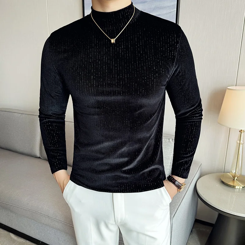 Autumn Luxury Velvet Half High Neck T-shirts Men Striped Business Casual Base Shirt Long Sleeved Elastic Comfortable Pullovers