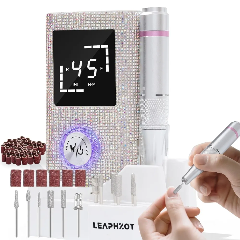 

Crystal-Embellished Professional Nail Drill 45000RPM - Electric Nail File Kit with 6 Bits, 50 Bands, LED Display for Acrylic/Ge