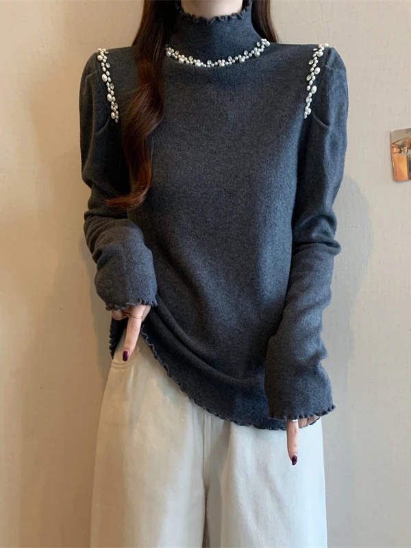 

Женская трикотажная кофта больших размеров с высоким воротом, облегающая, универсальная базовая модель в корейском стиле, для повседневной носки, с жемчужной отделкой, с длинным рукавом