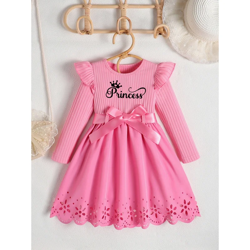 

Autumn New Girls' FashionprincessLetter Print Bow Belt Round Neck Long Sleeve Hollow Out Dress