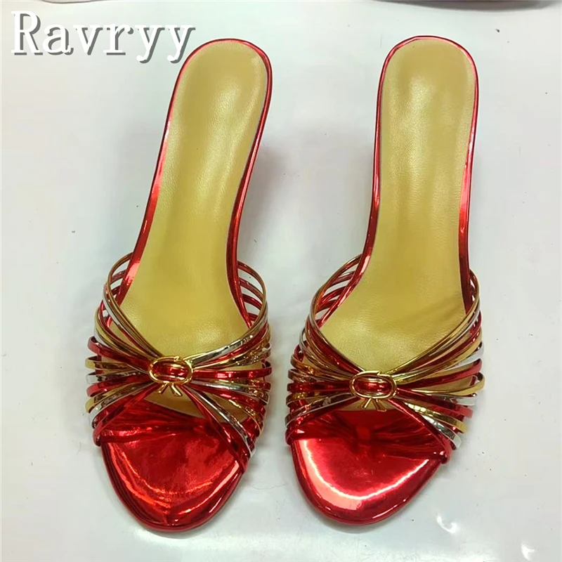 مشبك معدني ضيق النطاق المنسوجة النعال النساء مصمم جديد اللمحة تو الكعب الأوسط الصنادل الصيف موضة فستان الحفلات الأحذية #6