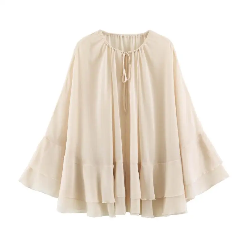 Maxdutti Minimalist Lazy Women's Blouses And Shirt Woman Clothing Loose Semi Transparent Ruffled Edge Shawl Top Southern France