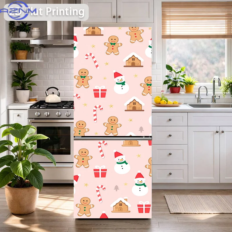 2D Flat Printing 1pc Refrigerator Sticker 60×180cm Gingerbread for Man Snowman House Themed Design, Self-Adhesive Wall Decal W