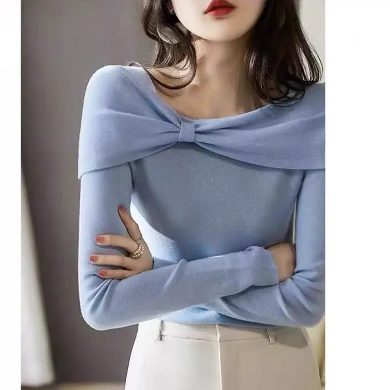 

French Style Elegant Temperament Slash Neck Bow Knitted Pullover Women's 2024 Autumn New Simple Slim Fit Long-sleeved Top