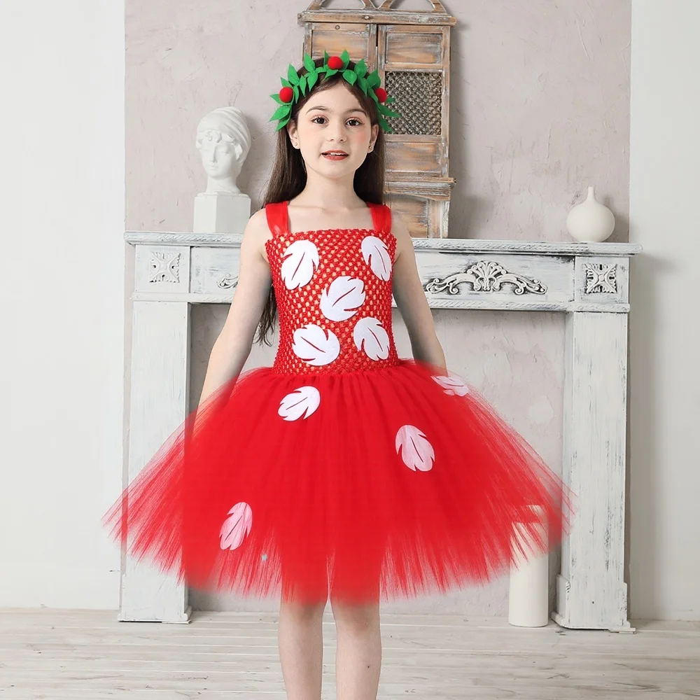 Hawaiian Lilo Leaf Girls Tutu Dress for Kids Party Princess Costume With Garland Baby Girl Christmas Halloween Hula-hula Outfit
