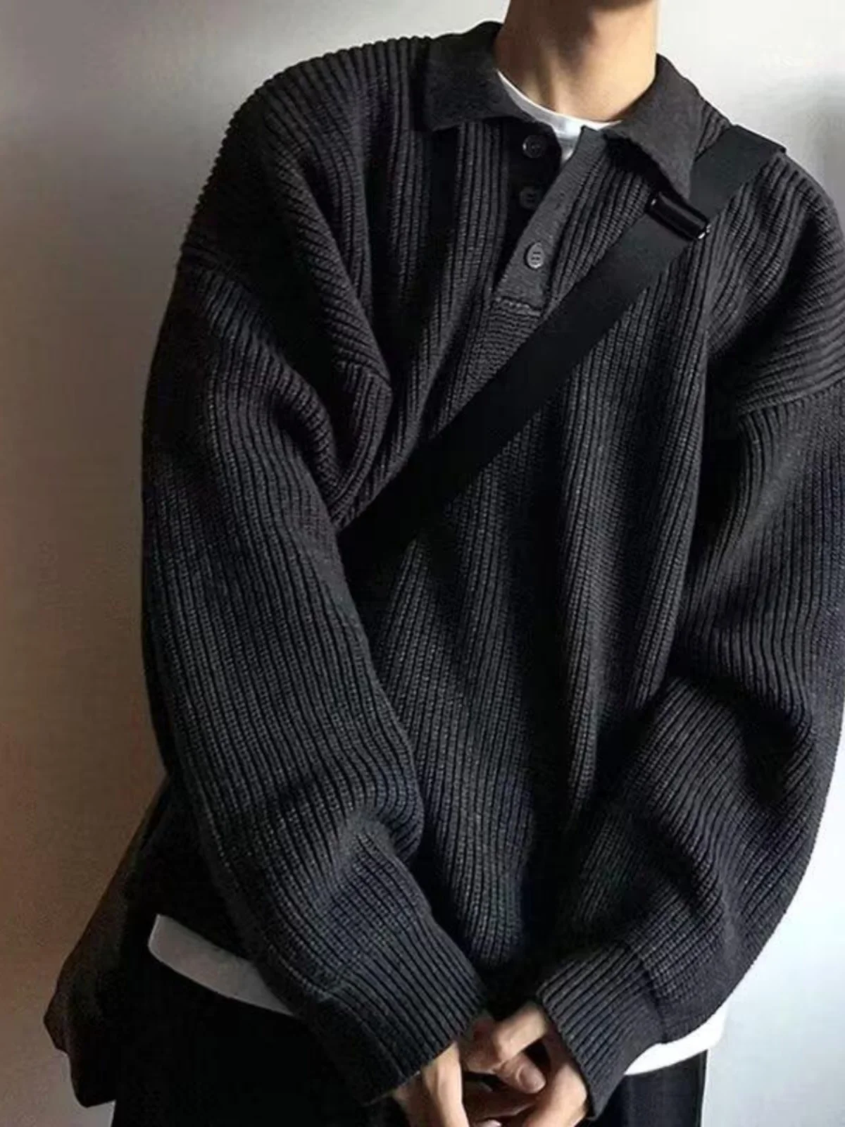 ルーズフィットポロネックニットウェア男性秋冬カジュアルスタイルヴィンテージオーバーサイズ怠惰なファッションハイエンド感男性セーター