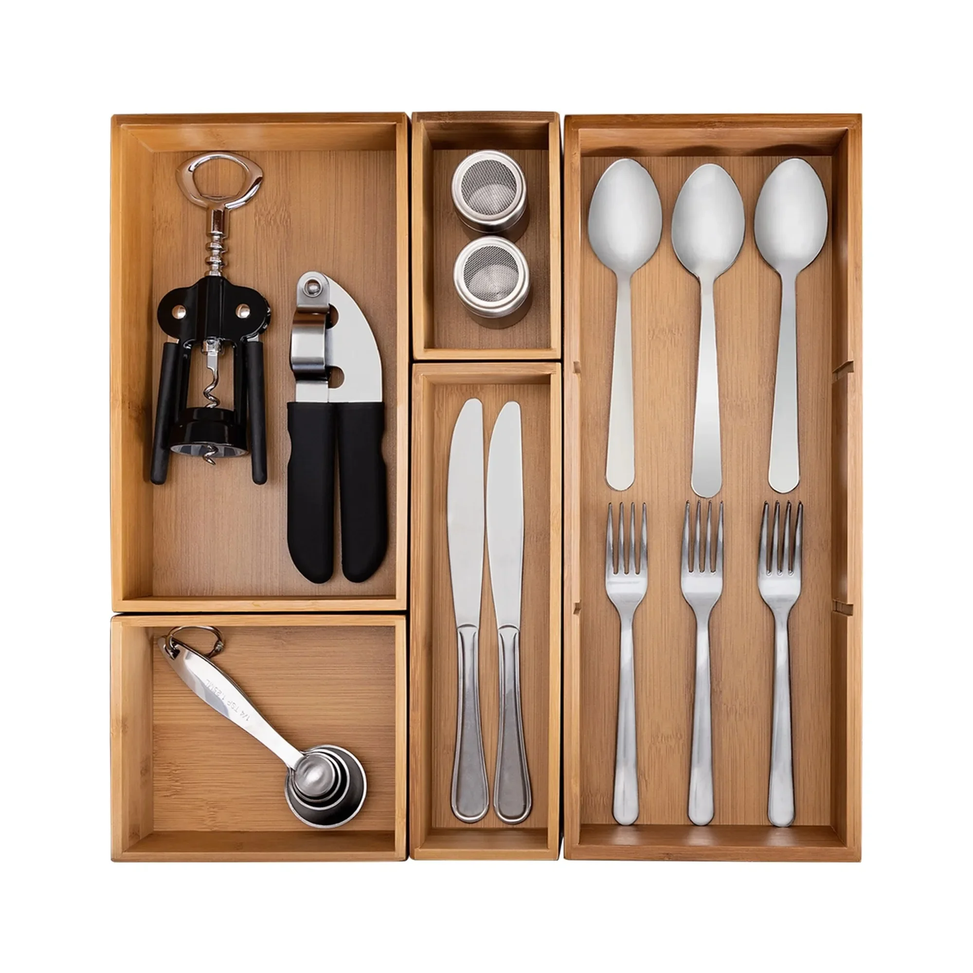 칸막이가 있는 5개의 대나무 수납함 세트, 주방용품, 사무용품, 화장품, 식료품 저장실 용품에 적합