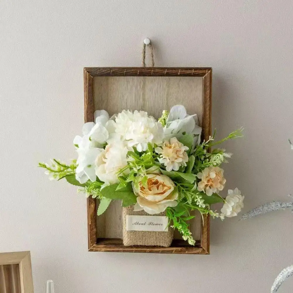 Wooden Frame Wall Art Artificial Hydrangea Wall Hanging Decoration Fake Silk Flower Plants Wooden Frame Home Office Room Bedroom