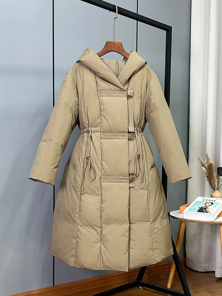 الشتاء فضفاض مقنعين الدافئة أسفل سترة الإناث الرباط طول الركبة السترات النساء الأبيض بطة أسفل رشاقته الصلبة باركر أبلى #5